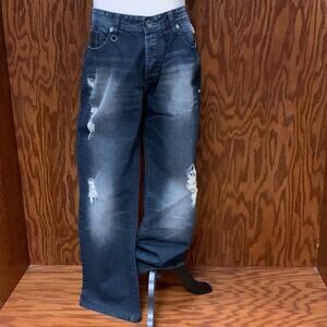 G by Guess Wide Leg Jeans Distressed Dark Wash Low Rise Size 38 Y2K